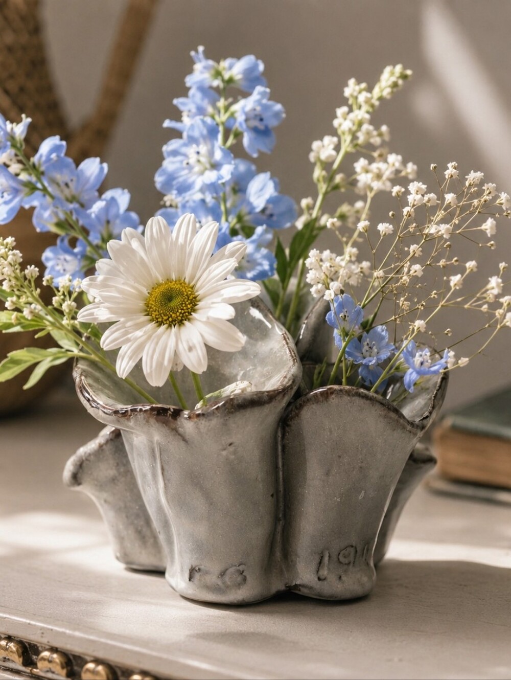 Handmade Studio Pottery Flower Frog Floral Arranger Gray Blue Art Pottery